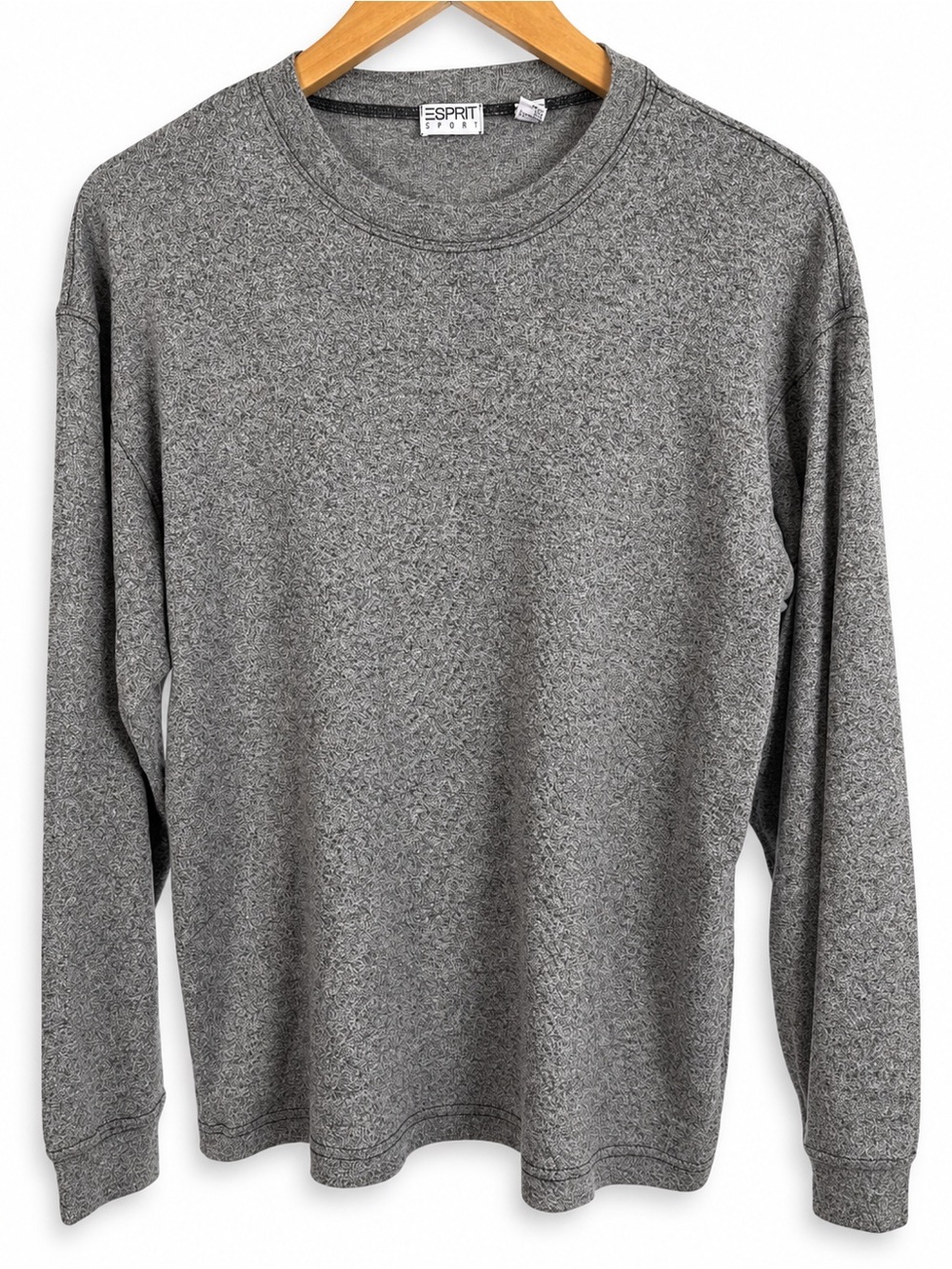 Vintage Mens XL Esprit Sport Heathered Grey Black Long Sleeve Casual Crew Shirt